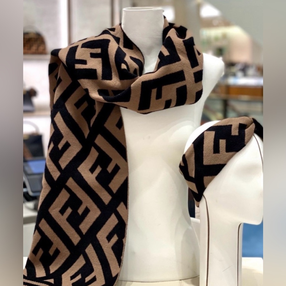 Fendi Tan and Black Patterned Scarf and Headband